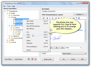 Screen shot of Phrase Express tree view